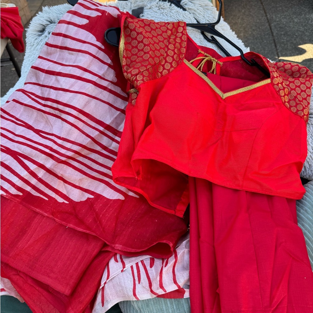 Red and White Saree Set